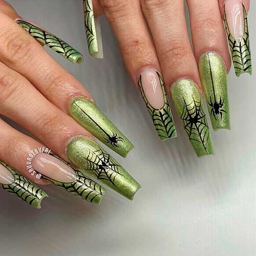 Long Spooky shimmer green Frenchie’s coffin spider web nails for Halloween 2021