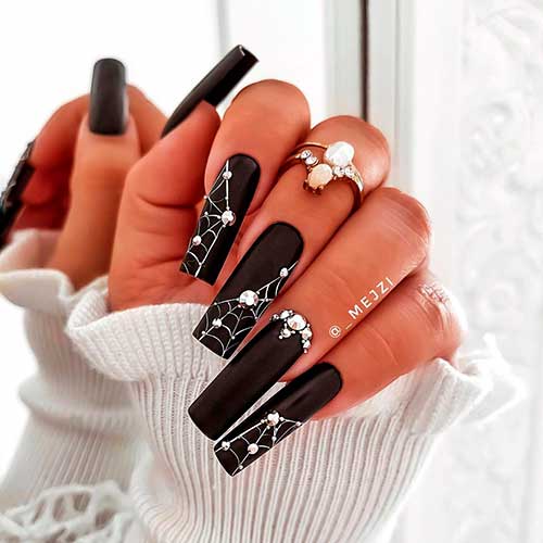 Square Long Black Halloween Nails 2021 with Elegant and Spooky Spider Web and Rhinestones