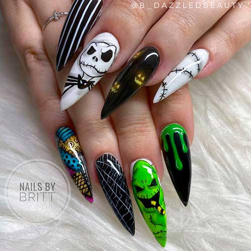 The Nightmare Before Christmas, bats, striped, spider web stiletto nails 2021