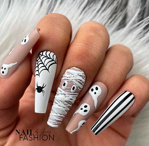 White Coffin Ghosts, mummy and Spider Web Nails for Halloween 2021