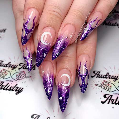 Shimmer purple Witch Nails with Holographic effect on two accent nails Design is one of the best Halloween nails 2021