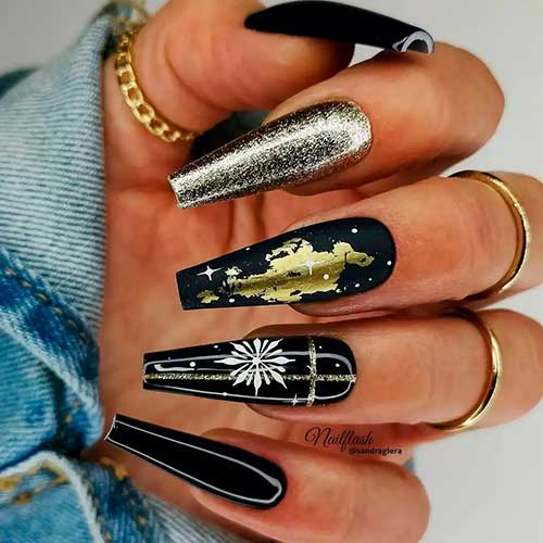 Black Coffin Nail Art Design with Glitter, Snowflakes, and Accent Matte Black Nail with Gold Foil