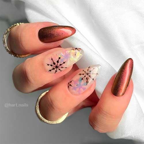 Glossy Brown Bronze Chrome Winter Nail Design with Two Accent Snowflake Nails is The Best of Winter Nail Ideas