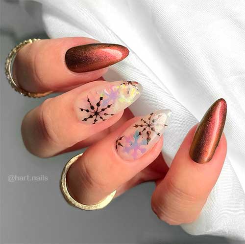 Glossy Brown Bronze Chrome Winter Nail Design Glossy Brown Bronze Chrome Winter Nail Design with Two Accent Snowflake Nails is The Best of Winter Nail Ideas