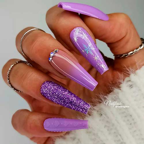 Charming Light Purple Coffin Nails with Glitter, Rhinestones, and Snowflakes on Accents