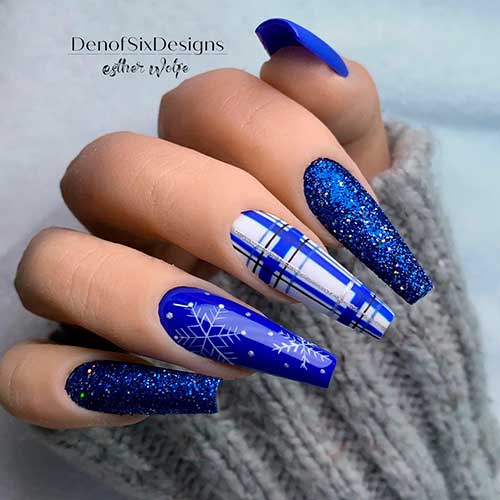 Classy Blue Winter Nails Classy Long Coffin Blue Winter Nails with Blue Glitter, Snowflakes, and Plaid Nails
