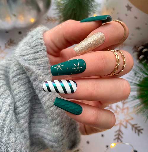 Classy Gold and Green Christmas Nails Coffin Shaped with Accent White and Mirror Candy Cane Nail
