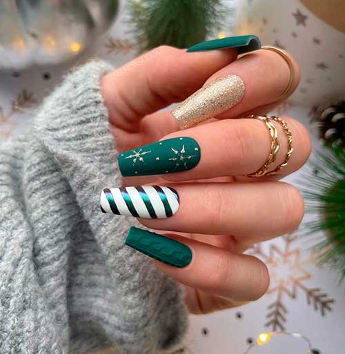 Classy Gold and Green Christmas Nails Design Classy Gold and Green Christmas Nails Coffin Shaped with Accent White and Mirror Candy Cane Nail