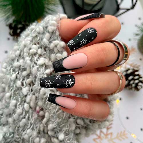 Cute Matte Black Coffin French Winter Nail Design with Tow Snowflakes Accents