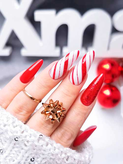 Long Almond Red Cute Christmas Nails with Two Candy Cane Accent Nails