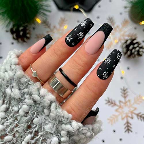Cute Matte Black French Winter Nails Coffin Matte Black French Tip Nails with Two Matte Black Coffin Nails with White Snowflakes for Winter 2021/2022