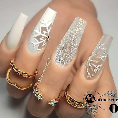 Elegant White Christmas Nails Elegant Matte White Christmas Nails 2021 with Glitter and Snowflakes