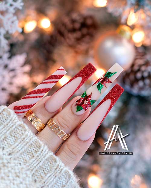 Festive Red Glitter and Nude Color Christmas Nails Long Coffin Christmas Nails Consists of Festive Red Glitter French Tip Nails over Nude Color Base, and Candy Cane Accent