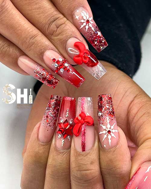 Festive Themed Red Ombre Christmas Nails 2021 Design
