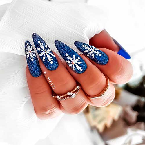 Glittering Blue Snowflakes Christmas Nails Almond Shaped with Rhinestones