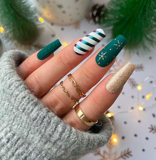 Gold and Dark Green Christmas Nails Coffin Shaped with Snowflakes and Candy cane Accent Nails
