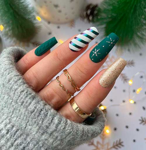 Gold and Green Christmas Nails Gold and Dark Green Christmas Nails Coffin Shaped with Snowflakes and Candy cane Accent Nails