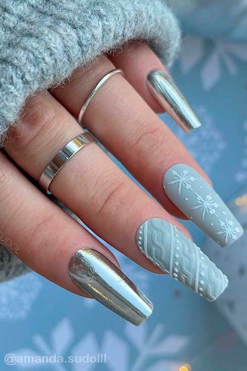 Cute coffin Christmas nails consists of mirror nails besides sweater and snowflake nails
