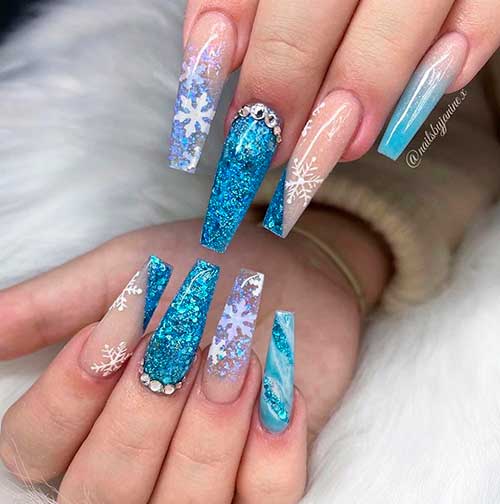 Ice Queen Coffin Winter Nails 2022 with encapsulated Snowflakes, Rhinestones, and Blue Glitter