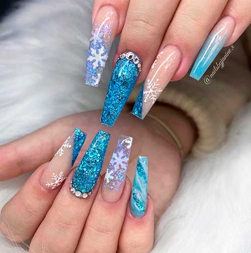 Ice Queen Coffin Winter Nails Ice Queen Coffin Winter Nails 2022 with encapsulated Snowflakes, Rhinestones, and Blue Glitter