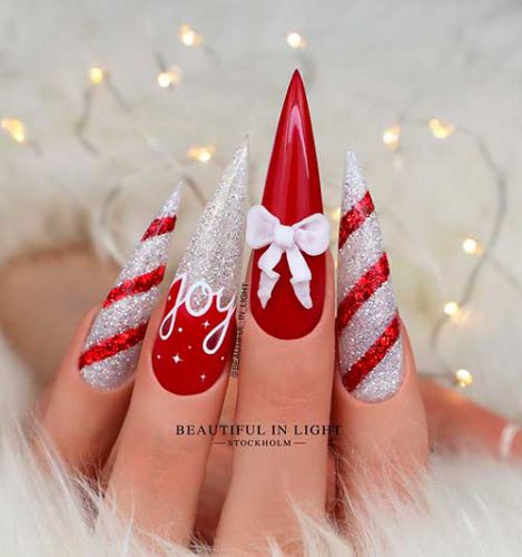Joy Nail Christmas Design Stiletto Joy Red Christmas Nails with Silver and Red Glitter