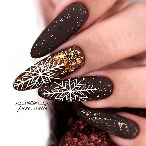 Long Velvet Matte Brown Nails with Glitter and Two Big White Snowflakes on Accents