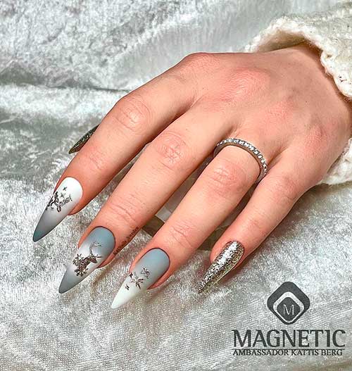 Magnetic Matte Almond Christmas Grey Ombre Nails with Glitter
