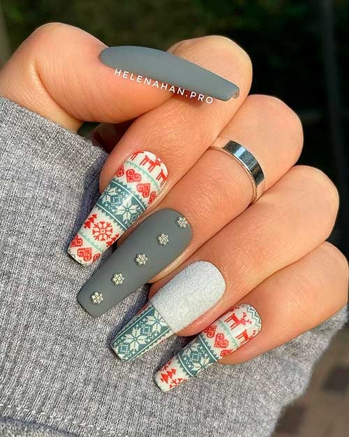 Matte Bandanna Grey Christmas Nails 2021 Coffin Shaped with Rhinestones