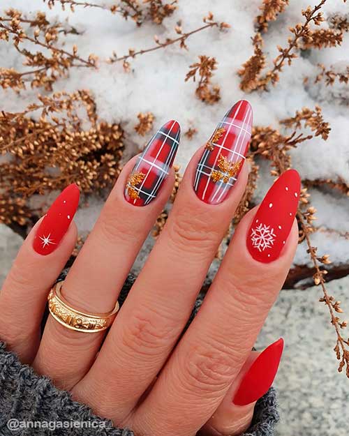 Cute Matte Red Christmas Nails 2021 with Snowflakes and Two Accent Plaid Nails