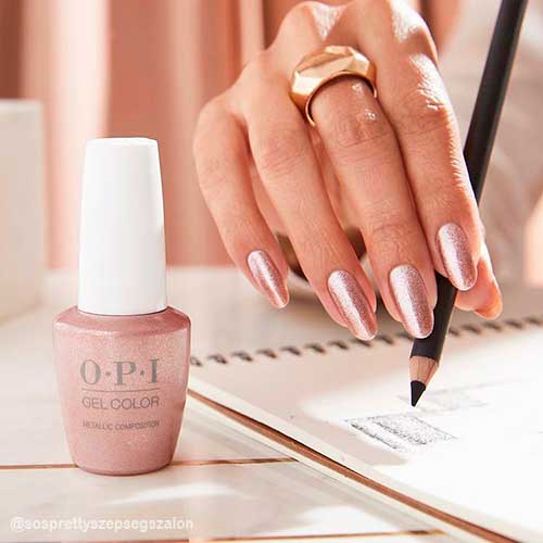 OPI Metallic Composition shimmery rose gold nails with OPI Metallic Composition for Fall 2021