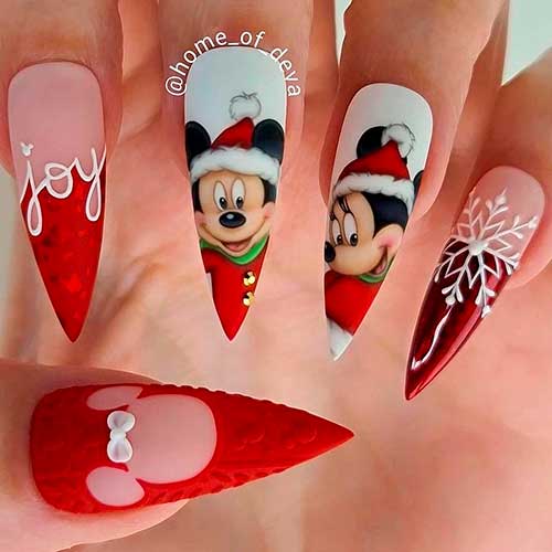 Mickey and Minnie Mouse Stiletto Red Christmas Nails 2021