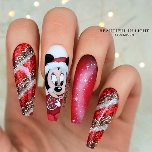 Minnie Mouse Red and Gold Christmas Nails Coffin shaped with Glitter