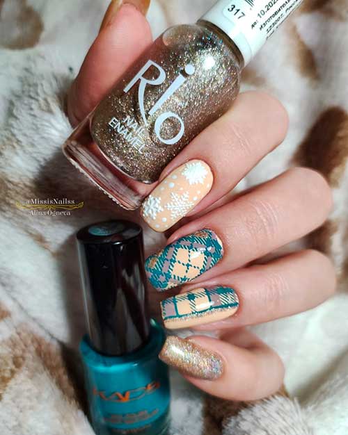 Long Square Plaid Winter Nails with Snowflakes, and Gold Glitter Accents