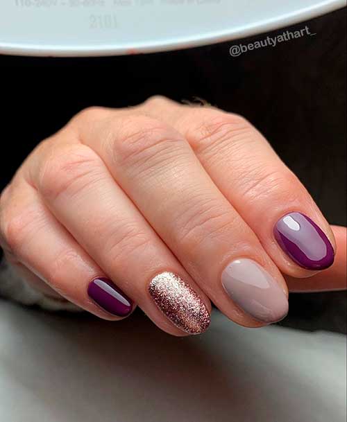 Short Winter Purple and Gold Nails with Pink Rose Earth Grey Accent Nail