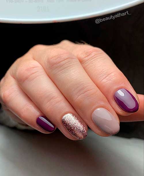 Winter Purple and Gold Nails Short Winter Purple and Gold Nails with Pink Rose Earth Grey Accent Nail