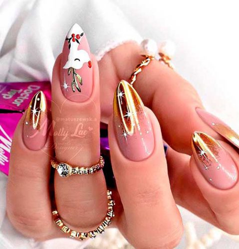 Rose Gold Mirror Christmas Nails Christmas Nails with Rose Gold Mirror Tips with White Stars, and a Reindeer Shape on Accent Nail