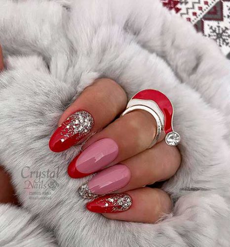 Santa Claus Red Christmas Nails with Glitter and French Accents