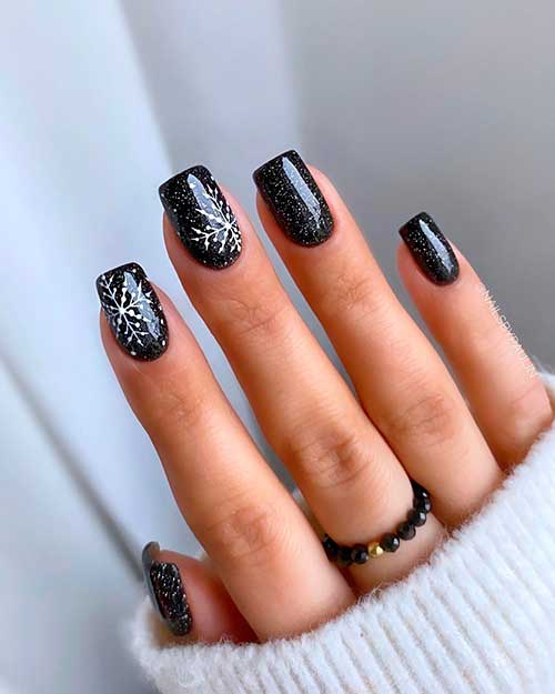 Shimmery Black Christmas Snowflake Nails Square Shaped Design