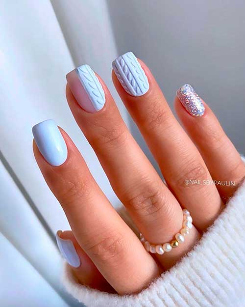 Short Light Blue Sweater Christmas Nails Design with Accent Glitter Nail