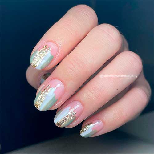 Short Sage Green and Gold Winter Nail Design is One of the Cutest Winter Nail Ideas to Try