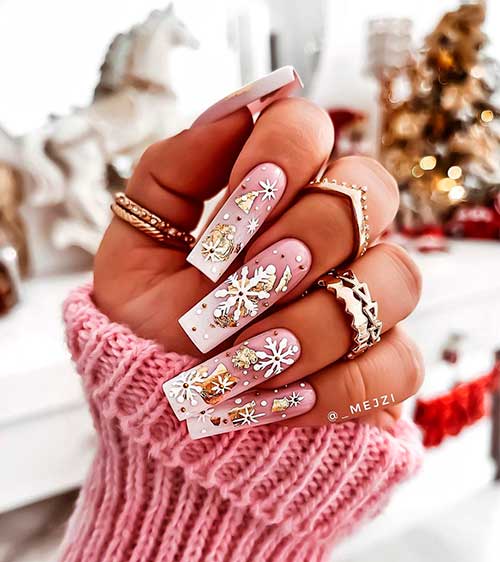Sparkling Baby Boomer Christmas Themed Nails Long Square Sparkling Baby Boomer Christmas Themed Nails