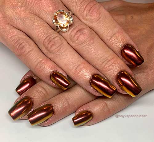 Short Square brown chrome nails which are perfect winter nails 2021