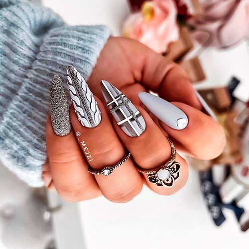 Matte Grey Sweater Christmas Nails Almond Shaped with Silver Glitter