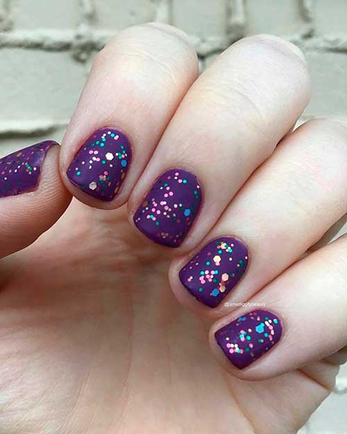 Short Violet Nails with OPI Violet Visionary that topped with You Had Me At Confetti