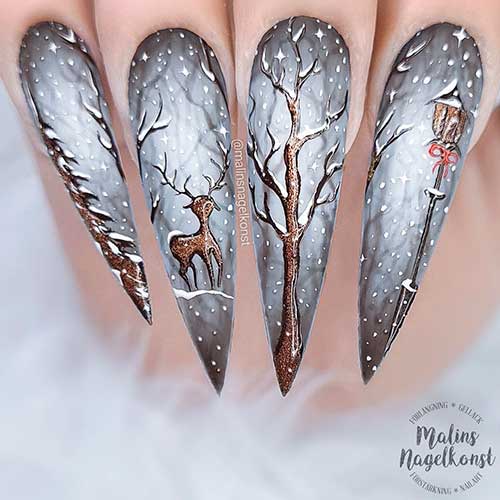 Long Stiletto Winter Themed Forest Nail Design