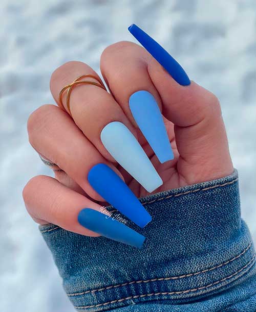 different matte blue shades design Long different matte blue coffin winter nails 2022