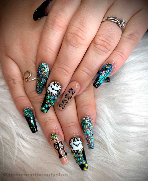 Bling and Sparkly Coffin New Year Nails 2022 and New Years Countdown Clock Accent
