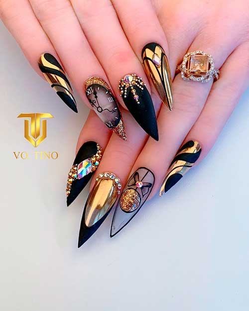 Classy Black New Years Eve Nails with Gold Stiletto Classy Matte Black New Years Eve Nails with Gold and Rhinestones