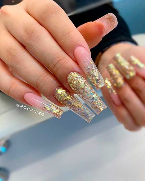 Gorgeous Long Pink And Gold Glittery Flash New Years Nails Coffin Shaped