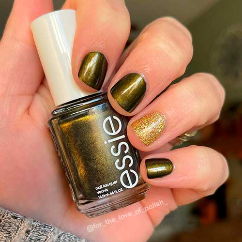 Short Warm Onyx Green Nails with High Voltage Vinyl Essie Nail Polish for Fall 2021